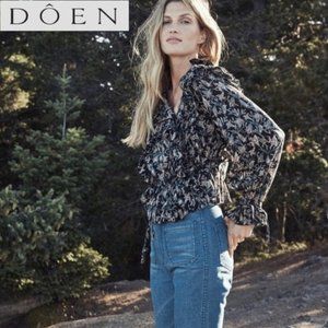 Doen Luca Top - Black Floral Ruffle Tie Waist Blouse